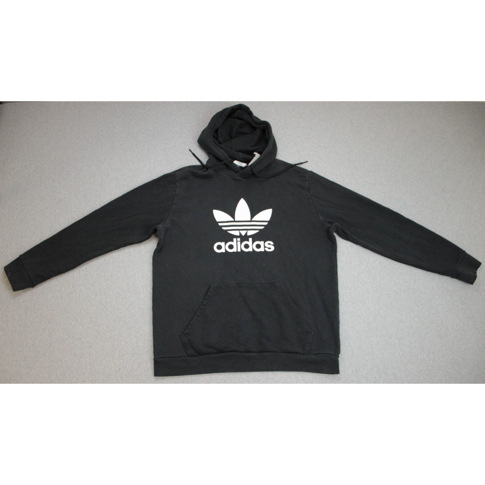 Adidas‎ Hoodie Mens L Black Cotton Long Sleeve Logo Fleece Drawstring Pockets
